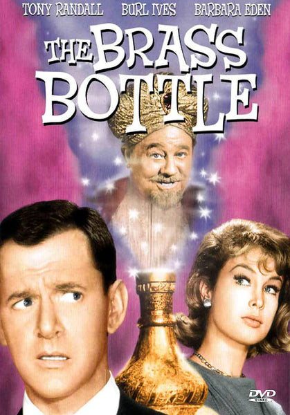 DVD cover for The Brass Bottle DVD (1964) featuring a concerned man, a woman, and a cheerful man in a turban rising from an illuminated brass bottle, with the movie title and actors’ names displayed above—a must-have for classic movie enthusiasts and collectors of films starring icons such as Barbara Eden.