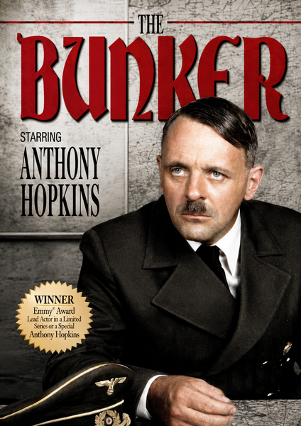 A movie poster for The Bunker DVD (1981) features a stern man in a military uniform with slicked-back hair and a small mustache, capturing the intense atmosphere of this Adolf Hitler film. The design includes bold red title text and prominently displays Anthony Hopkins’ name.