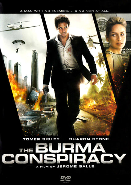 Movie poster for The Burma Conspiracy (2011) DVD, featuring an action-packed scene with explosions, vehicles, helicopters, and the two main characters—a man in a suit walking and a serious-looking woman—shown in split sections. This rare DVD is an excellent addition for collectors searching for hard-to-find movies.
