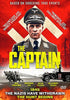 DVD cover for The Captain (2017), a gripping German film, featuring a man in a Nazi uniform standing before a large swastika, surrounded by soldiers and vehicles, with bold yellow title text. The striking red background includes review quotes and cast names below—making it an unforgettable World War II movie experience that stands out in any DVD collection.
