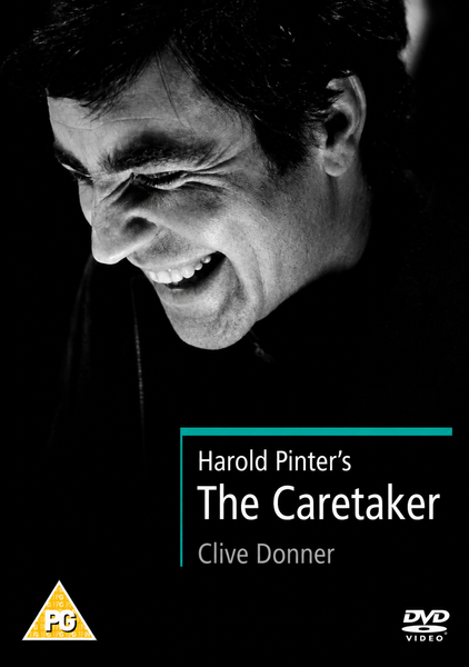 Black and white DVD cover for The Caretaker DVD (1963), directed by Clive Donner, featuring a smiling man and a PG rating symbol—an essential addition for fans of classic movies on DVD and psychological drama.
