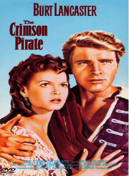 Movie poster for The Crimson Pirate DVD (1952), depicting a man dressed as a pirate with his arm around a concerned woman, both staring off into the distance. The top of the poster features the film’s title and Burt Lancaster’s name, making this an essential find for collectors seeking rare movies on DVD or fans looking to add an iconic pirate adventure to their collections.