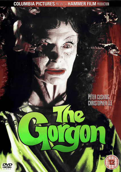 A pale, wide-eyed woman with snake-like hair is spotlighted against a dark background in this dramatic scene from Hammer films. Text reads "The Gorgon DVD (1964)," with legendary actors Peter Cushing and Christopher Lee listed above—making it an essential addition for fans of classic movies on DVD.