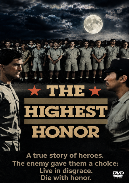 Two men in military uniforms face each other while a group of soldiers stands behind them under a full moon. Text reads: The Highest Honor. A true story of heroes from the WWII war drama Operation Jaywick. Additional tagline and The Highest Honor DVD (1982) logo are also shown.