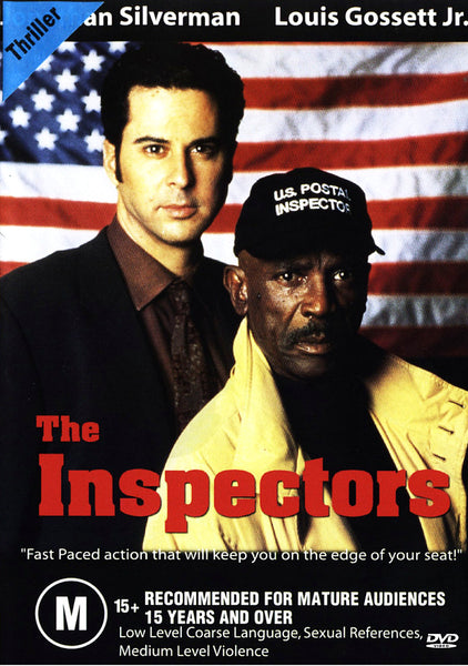Two men stand in front of an American flag. One is dressed in a black jacket, while the other wears a US Postal Inspector cap and a yellow jacket. Text reads: The Inspectors DVD (1998)—a gripping true crime film featuring movie ratings and actor names above, reminiscent of classic movies on DVD.