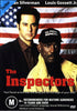 Two men stand in front of an American flag. One is dressed in a black jacket, while the other wears a US Postal Inspector cap and a yellow jacket. Text reads: The Inspectors DVD (1998)—a gripping true crime film featuring movie ratings and actor names above, reminiscent of classic movies on DVD.