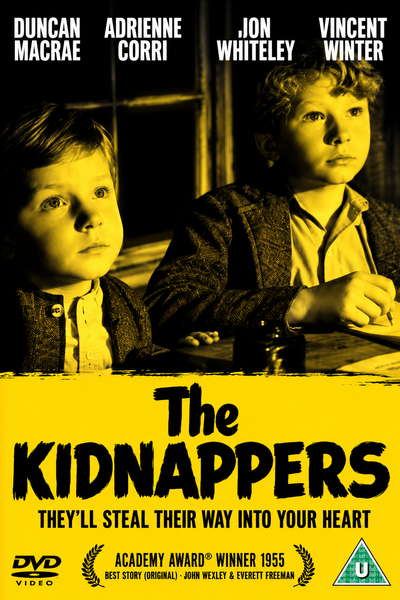 Two young boys gaze upward in a yellow-tinted movie poster for The Kidnappers DVD (1953). Text features credits, DVD and rating symbols, and the tagline: “They’ll steal their way into your heart.” This is a true classic family drama DVD—perfect for collectors of rare movies on DVD.