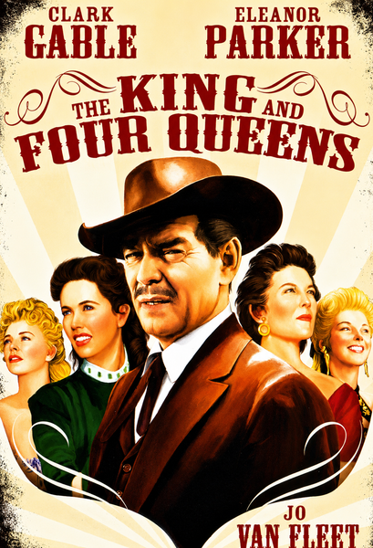 The King and Four Queens DVD (1956) features a vintage movie poster with a man in a cowboy hat and four women, highlighted by bold red and brown text displaying the actors’ names—making it a must-have collectible for Clark Gable Western fans or anyone expanding their classic movies on DVD collection.