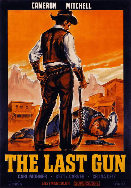 A cowboy with a gun faces a man lying face down in a Western town under an orange sky. The title "The Last Gun (1964) DVD" appears—ideal for Spaghetti Western or classic western collectors.