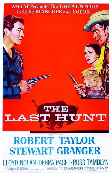 Movie poster for The Last Hunt (1956) DVD, a classic Western film, features two men aiming guns at each other with a woman standing between them. Against a striking red background, the title and cast appear at the bottom—an excellent addition for collectors seeking rare movie DVDs or looking to add The Last Hunt (1956) DVD to their collection.