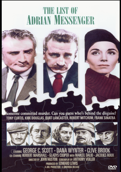 DVD cover for The List of Adrian Messenger DVD (1963), showcasing four principal faces at the top, film credits underneath, and a mosaic of smaller character portraits bordered by a jigsaw puzzle edge along the bottom—an essential addition for collectors searching for rare movie DVDs.