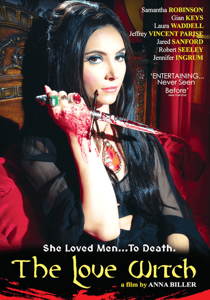 A woman with long dark hair and dramatic makeup holds a bloodied jeweled knife to her lips on a red velvet chair. Text: The Love Witch (2016) DVD—Anna Biller's cult classic film for fans of vintage cinema.