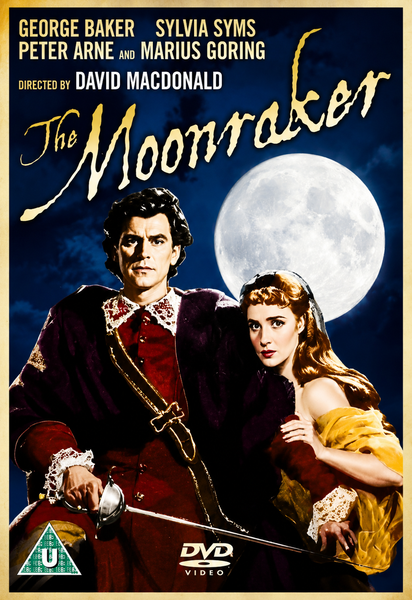 A man in historic clothing stands beside a woman in a yellow dress, with a full moon illuminating the background. Above them, the film title “The Moonraker” and the actors’ names are prominently displayed, emphasizing this rare gem set during the English Civil War. Perfect for collectors, The Moonraker DVD (1958) brings this captivating historical drama to life.