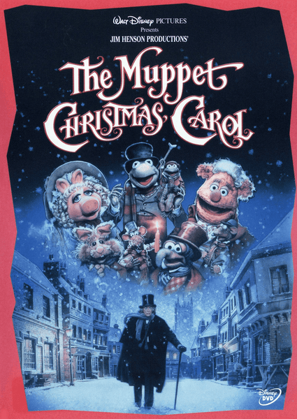 The Muppet Christmas Carol DVD (1992) cover features beloved Muppet characters in festive Victorian attire above a snowy street, with Michael Caine holding a cane. The title appears in cheerful holiday lettering at the top, perfectly capturing the charm of this classic holiday movie.