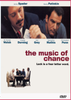 DVD cover for The Music of Chance DVD (1993), a dark drama starring Mandy Patinkin and James Spader, featuring artwork with two men playing cards at the top and four men gathered around a table at the bottom. The text reads: “Luck is a four letter word.” The cast and movie title are prominently displayed, creating an atmosphere of high-stakes poker tension.