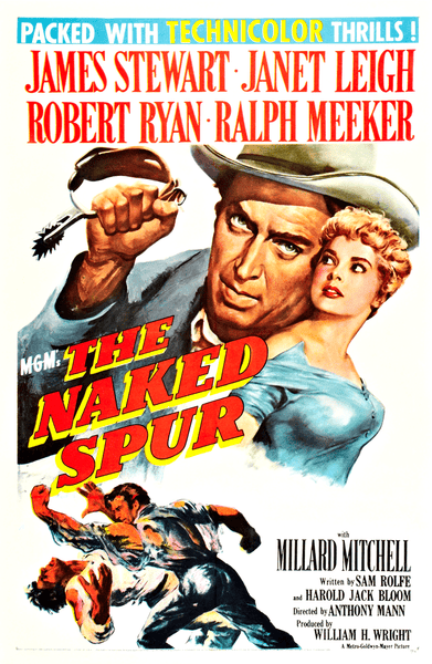 Movie poster for The Naked Spur (1953) DVD showcases a resolute man with a gun, a worried woman behind him, and action scenes below. Vibrant text features the film title and cast, capturing this western classic's excitement.