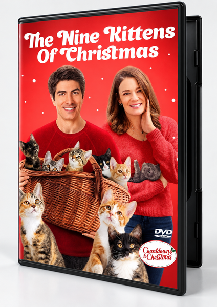 A man and a woman in red sweaters hold a basket of kittens on a red background on the DVD cover for The Nine Kittens of Christmas (2021).