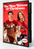 A man and a woman in red sweaters hold a basket of kittens on a red background on the DVD cover for The Nine Kittens of Christmas (2021).