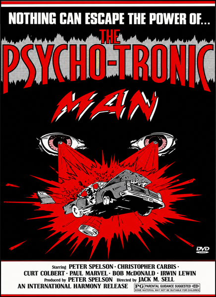 Vintage movie poster art for The Psychotronic Man DVD (1979), a rare and hard-to-find ESP horror film, features a dramatic car crash, two piercing eyes, and bold lettering proclaiming: Nothing Can Escape the Power of... The Psychotronic Man. A striking red and black color palette highlights his chilling psychotronic abilities. Credits and the DVD logo are displayed at the bottom of the design.