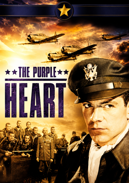 A stern pilot in uniform stands before a group of soldiers and officers as warplanes soar overhead, with “The Purple Heart” title boldly displayed—a powerful scene from this unforgettable WWII drama, now available as The Purple Heart DVD (1944).