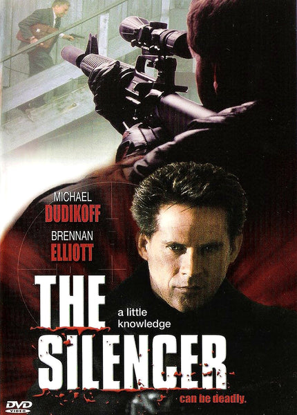 DVD cover for The Silencer DVD (1999), a rare movie release, featuring artwork of a man aiming a sniper rifle above and another man in a black coat below. The cover text reads: Michael Dudikoff, Brennan Elliott, The Silencer—A little knowledge can be deadly.