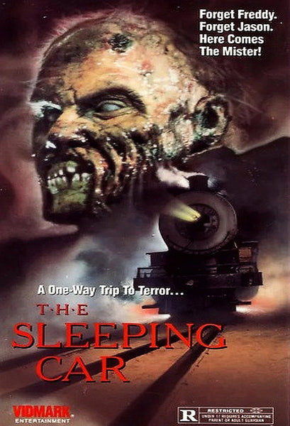 A ghastly, zombie-like head hovers over a racing nighttime train, capturing the spooky spirit of an ‘80s horror comedy. The text features “The Sleeping Car DVD (1990)” and includes a tagline likening it to Freddy and Jason. This cover art delivers classic horror movie vibes, ideal for collectors seeking rare and hard-to-find DVDs.