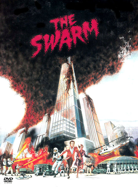 DVD cover for The Swarm DVD (1978) shows a skyscraper being overtaken by a massive swarm of killer bees and engulfed in flames. People flee in panic as emergency responders and a helicopter attempt to control the disaster. The title “THE SWARM” appears in bold, red letters—making this a must-have for collectors of rare, hard-to-find movies and classic films on DVD.