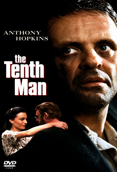 DVD cover for The Tenth Man DVD (1988), a powerful WWII drama, showcasing a close-up of a solemn man’s face with a couple embracing in the lower left corner; Anthony Hopkins and the movie title are prominently displayed in bold text. Region ALL DVD.
