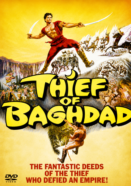 DVD cover for The Thief of Baghdad DVD (1961), a vintage classic movie inspired by Arabian Nights, featuring a muscular man in red wielding a sword as he battles enemies, with dramatic yellow title text and the tagline: The fantastic deeds of the thief who defied an empire!.