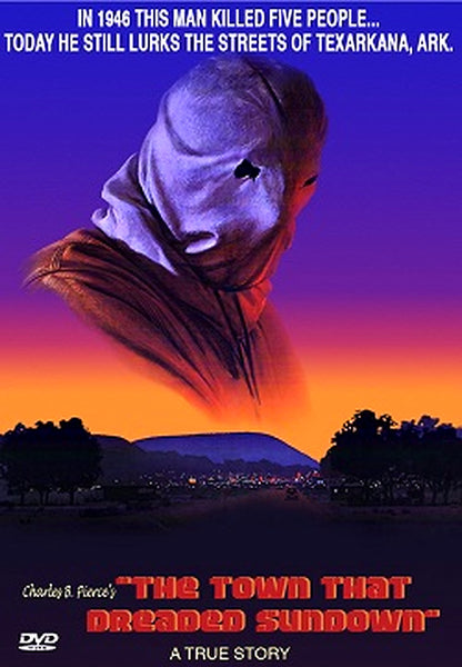 The DVD cover for The Town That Dreaded Sundown DVD (1976) showcases a masked figure looming over a road at sunset, with text referencing the 1946 killer in Texarkana. The bold red and yellow title stands prominently at the bottom. This is a must-have True Crime DVD for collectors and fans of Rare Movies on DVD.