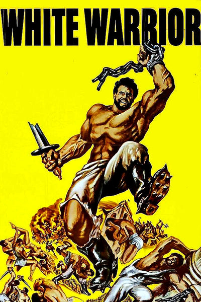 Vintage movie poster for The White Warrior (1959) DVD showing Steve Reeves as a muscular man wielding a broken chain and a dagger, leaping over a chaotic battlefield.