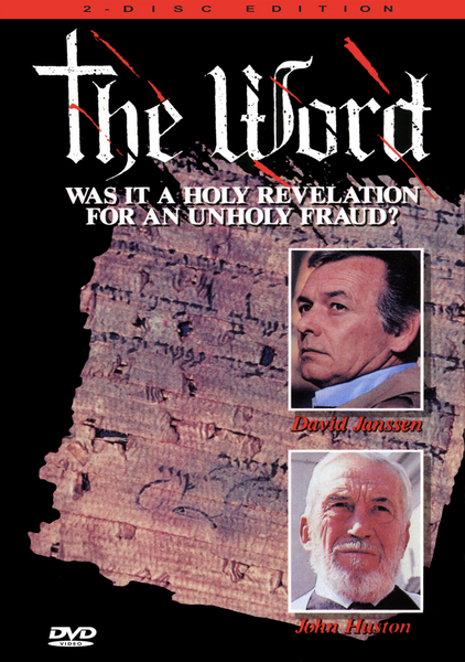 DVD cover for The Word (1978) 2 Discs, a rare TV miniseries, showcasing images of two men against an ancient manuscript backdrop. The text poses the question: Was it a holy revelation or an unholy fraud? Featuring the names David Janssen and John Huston below their portraits—an essential addition for fans of classic movies on DVD.