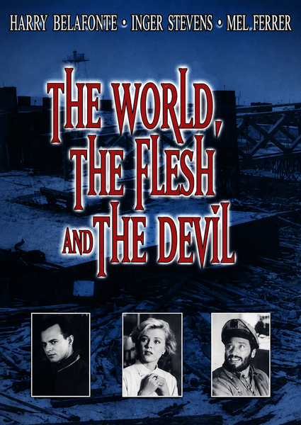Bring home The World, The Flesh and the Devil DVD (1959) featuring a film poster with dramatic city ruins in the background, the bold red title “The World, The Flesh and The Devil,” and headshots of three stars—including Harry Belafonte—at the bottom. A must-have for classic movie collectors or anyone searching for rare movies on DVD.