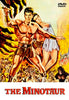 Two figures in ancient attire stand among flames and chaos, shadowed by a menacing beast and claws. The text THE MINOTAUR appears below, evoking the dramatic allure of the classic myth movie The Minotaur (1960) DVD.