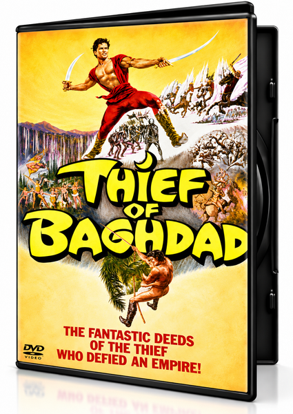The Thief of Baghdad DVD (1961) case features a muscular man wielding two swords, surrounded by battle scenes and a man climbing a palm tree, with the title in large yellow letters.