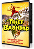 The Thief of Baghdad DVD (1961) case features a muscular man wielding two swords, surrounded by battle scenes and a man climbing a palm tree, with the title in large yellow letters.