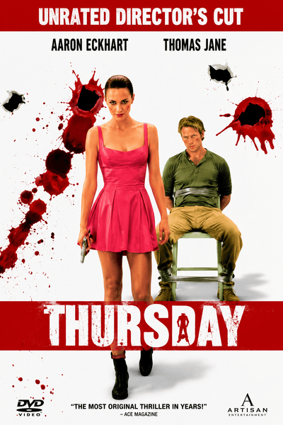 A woman in a pink dress stands confidently before a man perched on a counter, set against a stark white background marked by blood spatters and bullet holes—capturing the raw, gritty energy of this crime thriller. The DVD cover features bold text with “Thursday,” “Unrated Director’s Cut,” and the actors’ names, making this Thursday DVD (1998) an essential addition for rare movie collectors.