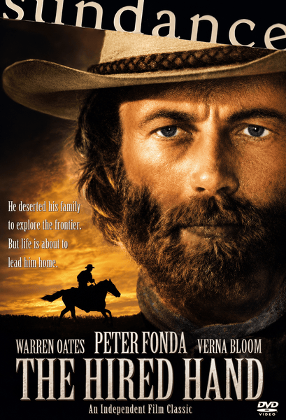 A bearded man in a hat gazes forward while, below him, a cowboy rides horseback against a sunset. The cover features the text: The Hired Hand DVD (1971), starring Warren Oates, Peter Fonda, and Verna Bloom. This striking classic Western DVD cover embodies the rugged frontier spirit and showcases Peter Fonda in one of his iconic performances.