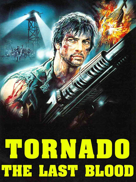 Movie poster for Tornado: The Last Blood (1983) DVD, a Vietnam War drama, featuring a rugged man holding a gun amid explosions, helicopters, and soldiers in the background. The bold yellow title appears at the bottom.