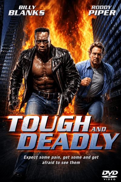 Against the backdrop of a city street ablaze at night, two men—one shirtless in a leather jacket wielding a gun, the other in a blue shirt—dash from an explosive fireball in this pulse-pounding Roddy Piper and Billy Blanks film. Below them, “Tough and Deadly DVD (1995)” with taglines announces this action classic—a must-have for collectors seeking rare movies on DVD.