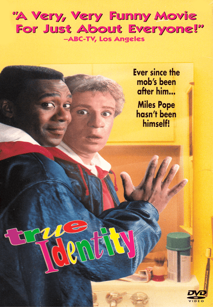 Two men stand close together in front of an open refrigerator, looking surprised. Text above and beside them promotes True Identity DVD (1991) as a hilarious film about a character hiding from the mob. A must-have for fans of classic comedies on DVD, the True Identity DVD (1991) delivers all the laughs and suspense of this rare comedy gem.