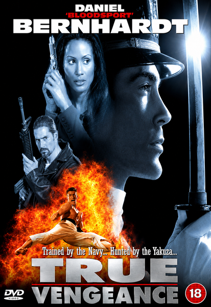 The movie poster for True Vengeance DVD (1977) features dramatic scenes with armed characters, fiery backgrounds, and a martial artist in the midst of action, highlighted by bold text and actor Daniel Bernhardt’s name at the top—making it an eye-catching choice for collectors of classic movies on DVD or fans searching for rare titles.