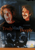 DVD cover for Truly Madly Deeply DVD (1990), a classic film starring Alan Rickman and Juliet Stevenson, featuring the faces of the two main characters at the top and a heartfelt scene of them sitting together on the floor below. The names Juliet Stevenson and Alan Rickman are prominently displayed.