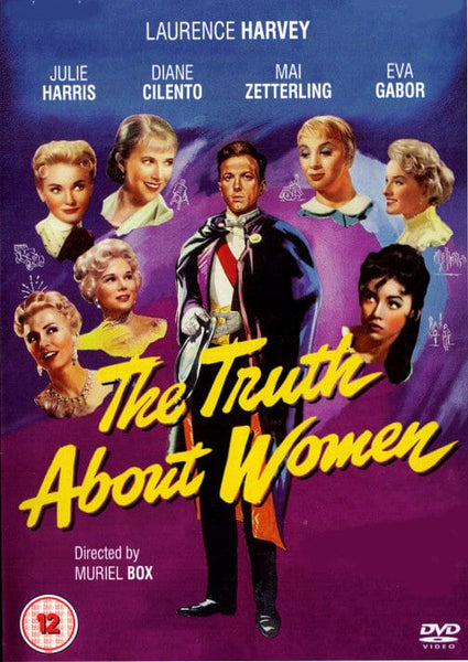 The Truth About Women DVD (1957) features a cover with a man in a cape surrounded by illustrated portraits of several women, highlighted by the actors' names and the film title in bold yellow text—an ideal choice for collectors searching for hard-to-find and classic movies on DVD.