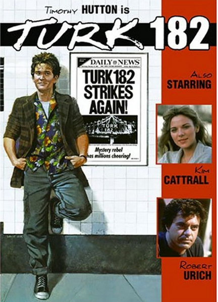 Turk 182! DVD (1985) features iconic artwork of a man leaning against a tiled wall, with a dramatic newspaper headline and images of co-stars Kim Cattrall and Robert Urich—an essential addition for fans of classic movies on DVD or collectors seeking rare titles like Turk 182!.