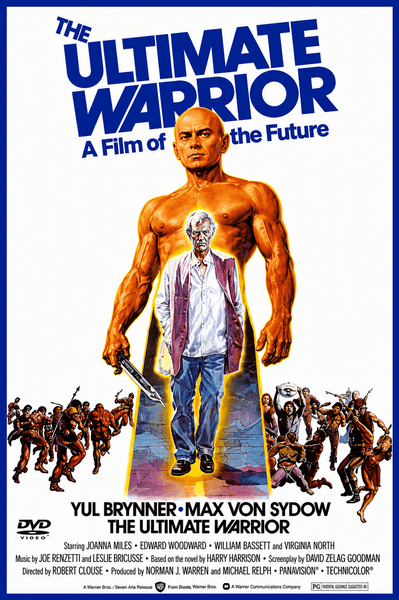 DVD cover for The Ultimate Warrior DVD (1975) featuring Yul Brynner depicted as a bald man in orange wielding swords, with a smaller figure in a white coat below. Set amid post-apocalyptic New York City, the artwork shows armed survivors beneath a blazing sky—a striking visual suited to this 1975 DVD release.