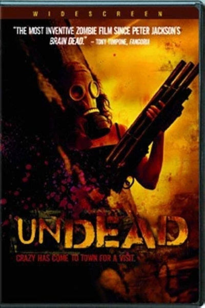 A person wearing a gas mask wields a large weapon in front of a fiery orange background on the Undead (2003) DVD cover. This Australian horror-comedy release features the tagline, “Crazy has come to town for a visit,” making it an excellent pick for fans of splatter comedy and collectors of rare movies on DVD.