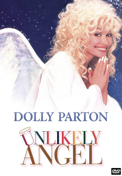 A cheerful woman with blond curly hair, dressed as an angel with white wings and clasped hands, floats above the title "Unlikely Angel DVD (1996)" on a blue, starry background—an ideal addition for collectors seeking rare movies on DVD featuring Dolly Parton.
