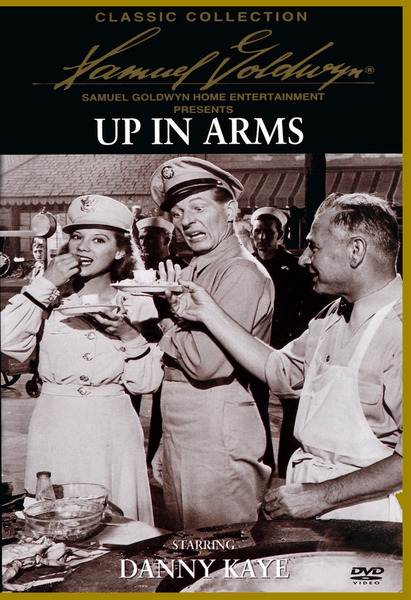 Black-and-white movie cover of Up In Arms DVD (1944) featuring a woman being fed cake by a man in uniform, with another man in a chef’s outfit beside them. The packaging highlights Samuel Goldwyn Home Entertainment and star Danny Kaye. This Up In Arms DVD (1944) is an essential addition for fans of classic movies on DVD, capturing the humor and charm of this unforgettable Danny Kaye film.