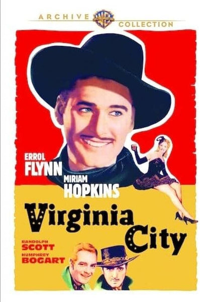 A vibrant vintage movie poster for Virginia City (1940) DVD showcases illustrated portraits of Errol Flynn, Miriam Hopkins, and two men in classic Western outfits, highlighted by bold yellow and red hues with ornate lettering—an ideal collectible for classic movie enthusiasts or anyone eager for a Civil War adventure.